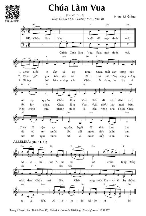 Sheet nhạc PDF bài Thánh Vịnh 92) , Chúa Làm Vua