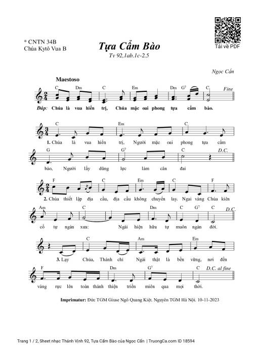 Sheet nhạc PDF bài Thánh Vịnh 92, Tựa Cẩm Bào