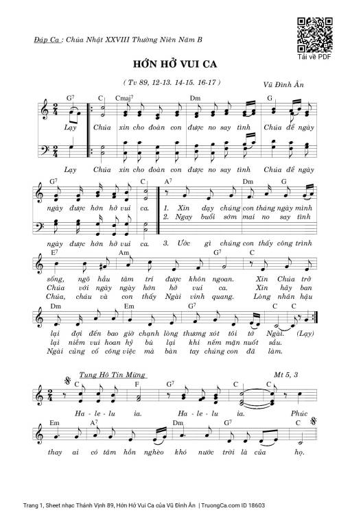 Sheet nhạc PDF bài Thánh Vịnh 89, Hớn Hở Vui Ca