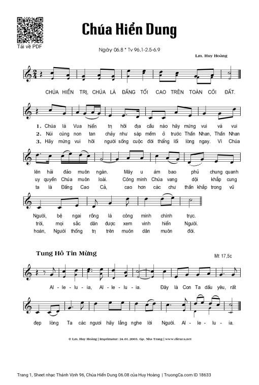 Sheet nhạc PDF bài Thánh Vịnh 96, Chúa Hiển Dung 06.08