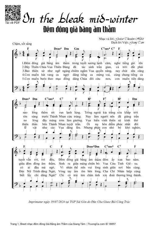 Sheet nhạc PDF bài đêm đông Giá Băng âm Thầm