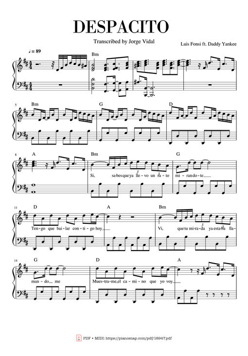 Sheet nhạc PDF bài Despacito Piano Sheet