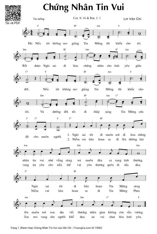 Sheet nhạc PDF bài Chứng Nhân Tin Vui