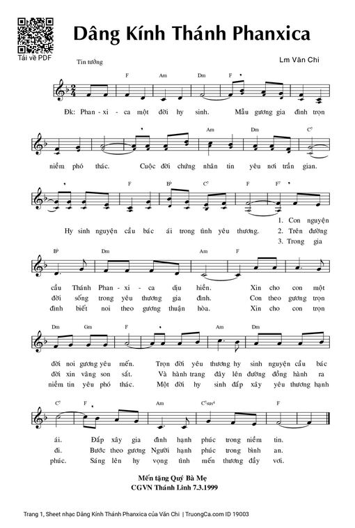 Sheet nhạc PDF bài Dâng Kính Thánh Phanxica