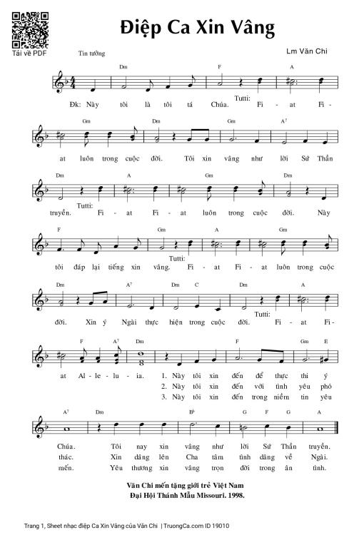 Sheet nhạc PDF bài điệp Ca Xin Vâng