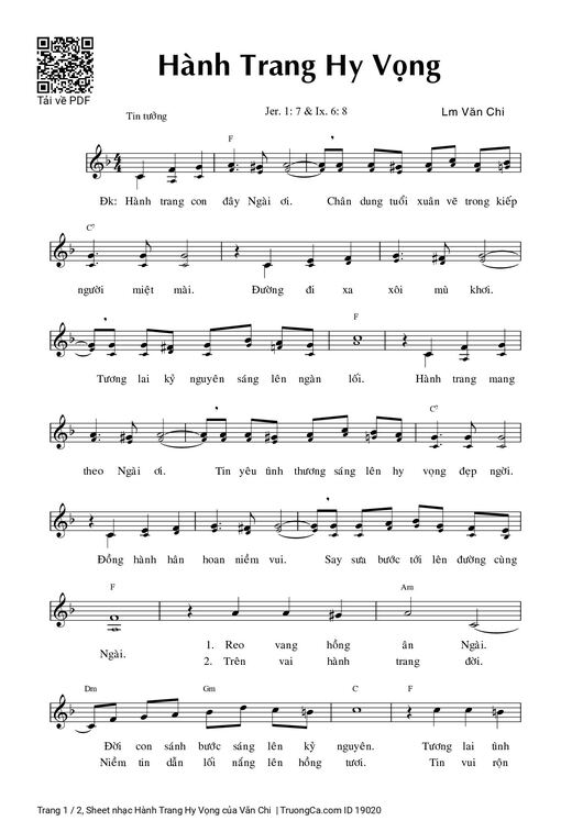 Sheet nhạc PDF bài Hành Trang Hy Vọng