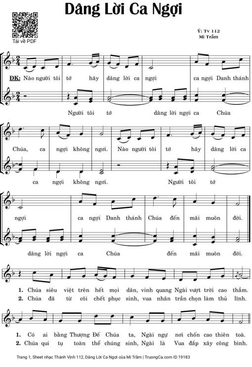 Sheet nhạc PDF bài Thánh Vịnh 112, Dâng Lời Ca Ngợi