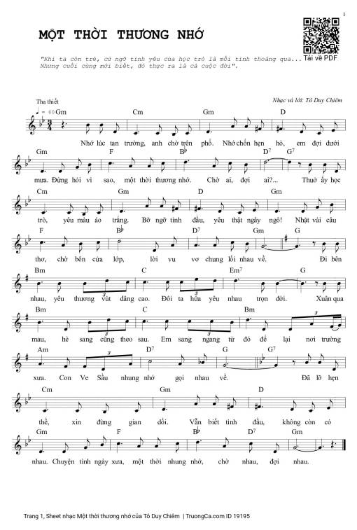 Sheet nhạc PDF bài Một thời thương nhớ