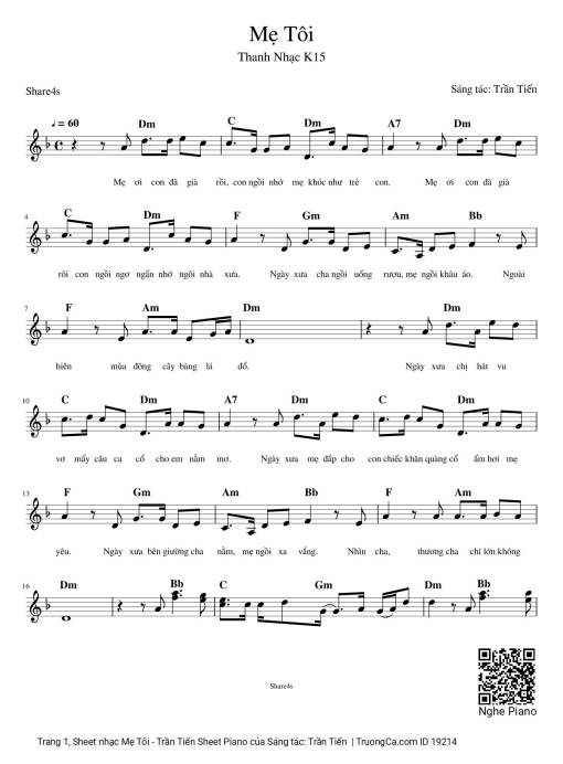 Mẹ Tôi - Trần Tiến Sheet Piano