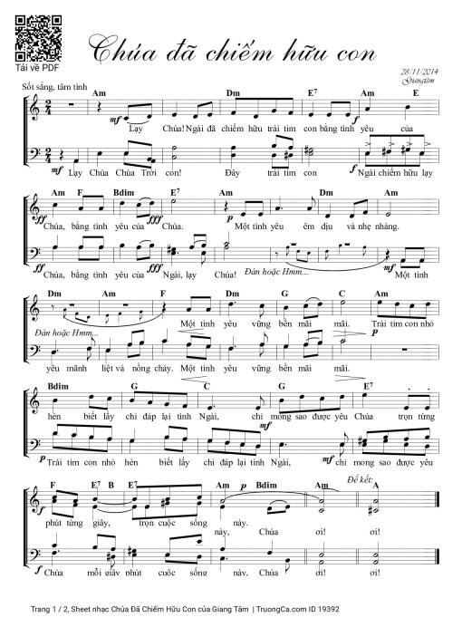 Sheet nhạc PDF bài Chúa Đã Chiếm Hữu Con