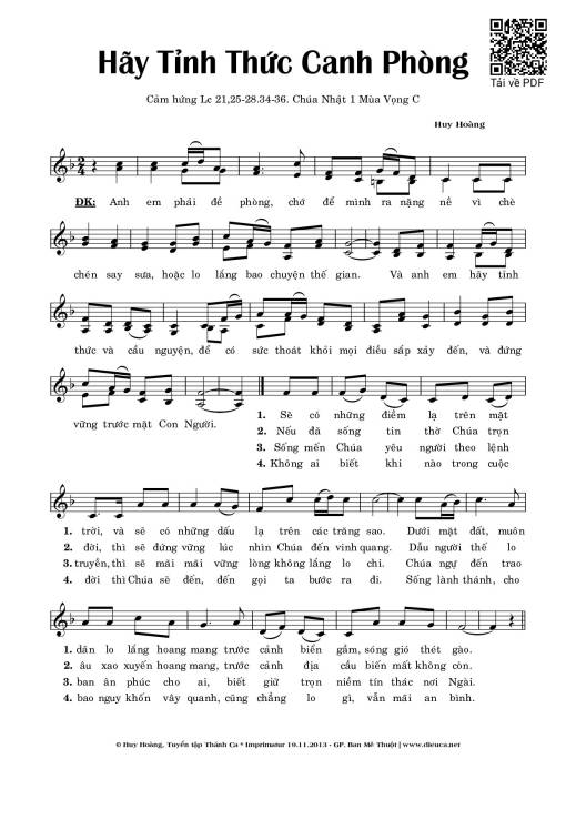 Sheet nhạc PDF bài Hãy Tỉnh Thức Canh Phòng