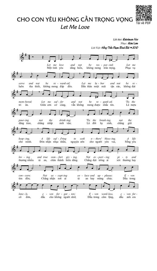 Sheet nhạc PDF bài Cho con yêu không cần trọng vọng