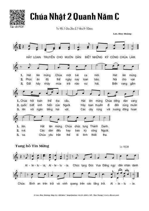 Sheet nhạc PDF bài Thánh Vịnh 95, Chúa Nhật 2C Thường Niên