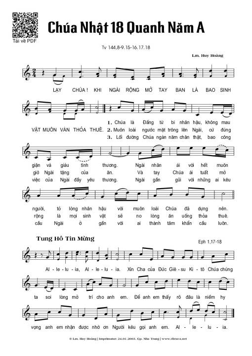 Sheet nhạc PDF bài Thánh Vịnh 144, Chúa Nhật 18A Thường Niên