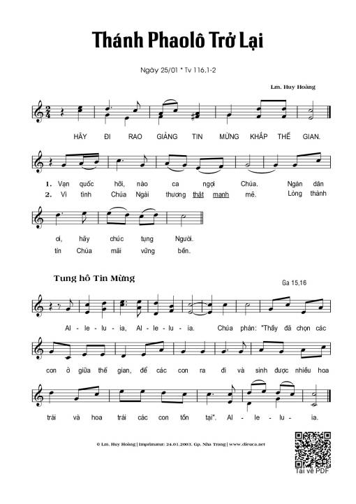 Sheet nhạc PDF bài Thánh Vịnh 116, Thánh Phaolô Trở Lại 25.01