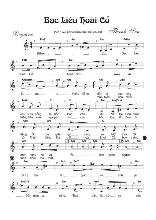 Sheet nhạc PDF bài Bạc Liêu hoài cổ