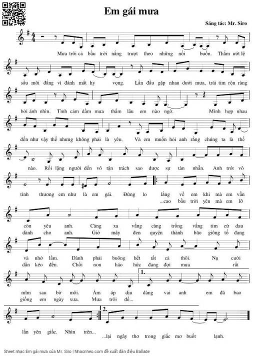 Sheet nhạc PDF bài Em gái mưa - Mr. Siro