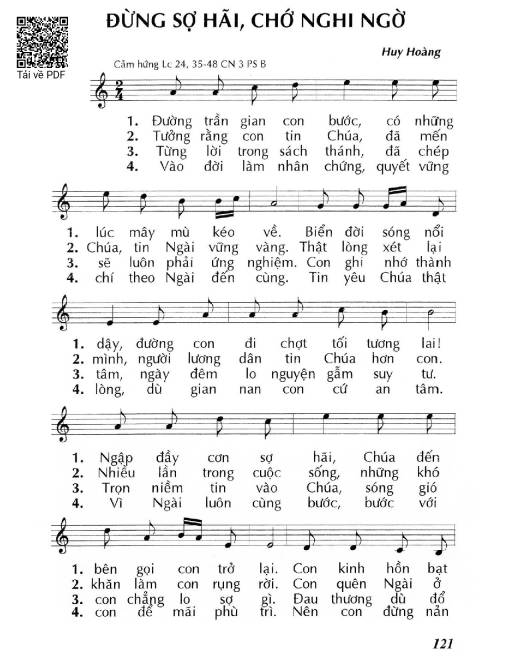 Sheet nhạc PDF bài Đừng sợ hãi, chớ nghi ngờ (Lc 24, 35-48) – Chúa Nhật 3 Phục Sinh/B.