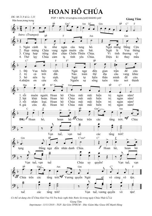 Sheet nhạc PDF bài Hoan hô Chúa - Giang Tâm