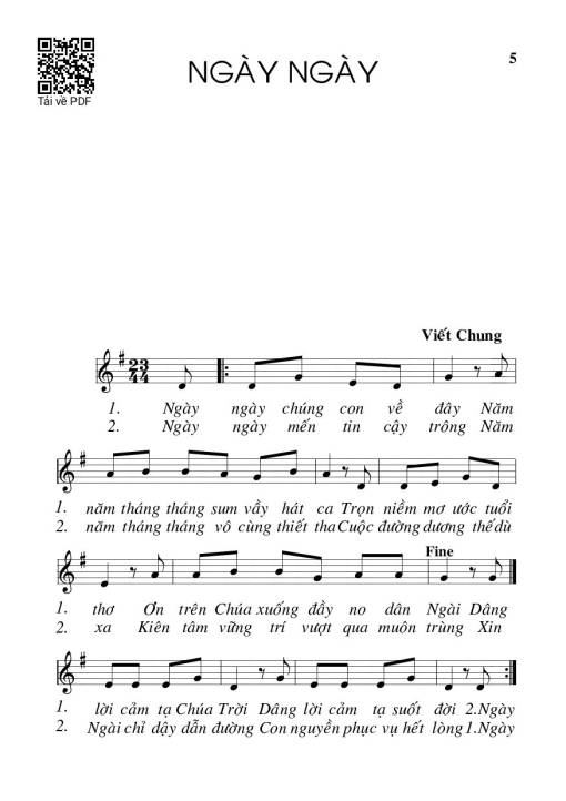 Sheet nhạc PDF bài Ngày ngày - Viết Chung