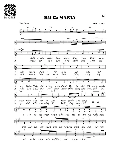 Sheet nhạc PDF bài Bài ca Maria - Viết Chung