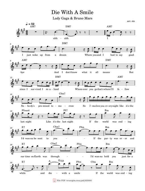 Sheet nhạc PDF bài Die With A Smile Sheet Piano
