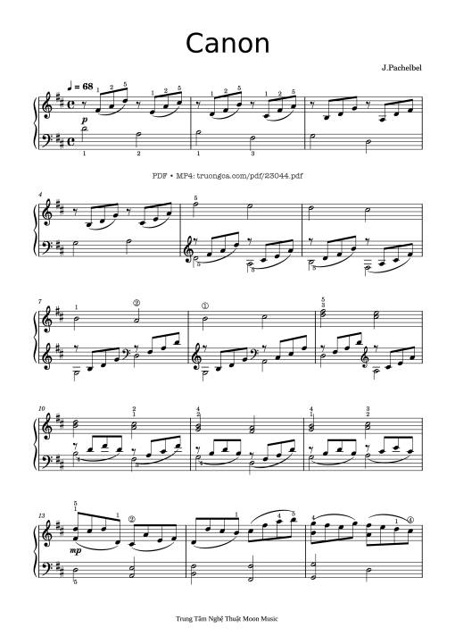 Sheet nhạc PDF bài Canon in D Piano Easy with finger numbers