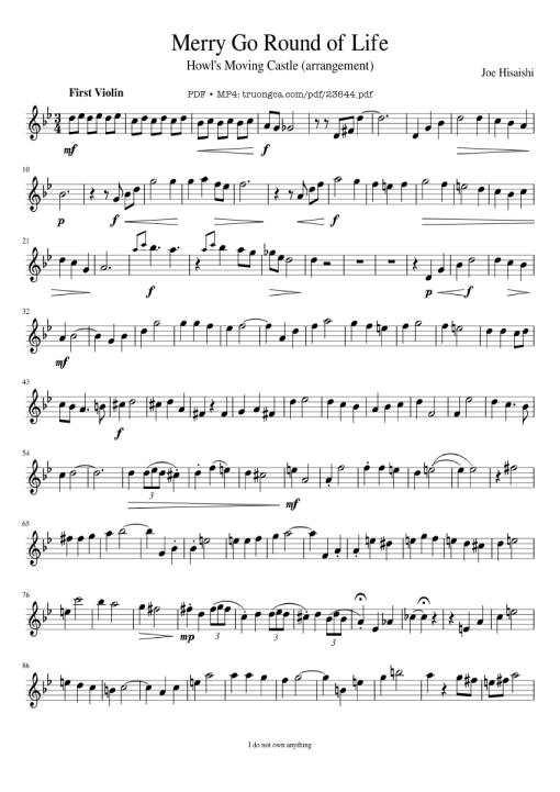 Sheet nhạc PDF bài Merry Go Round of Life Sheet Violin