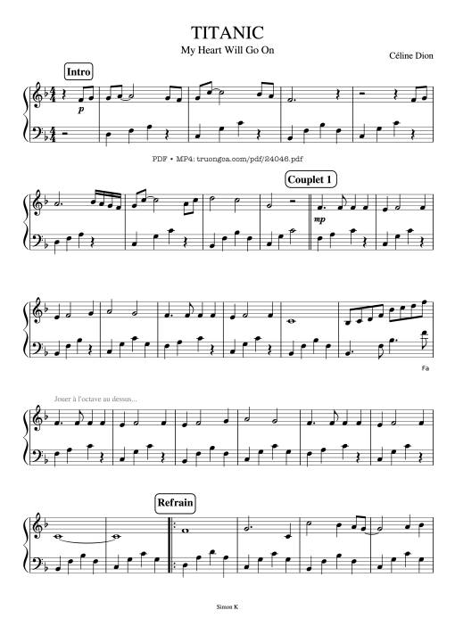 Sheet nhạc PDF bài My Heart Will Go on Piano Easy