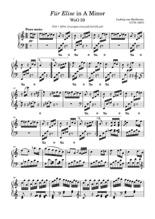 Für Elise in A Minor Sheet Piano
