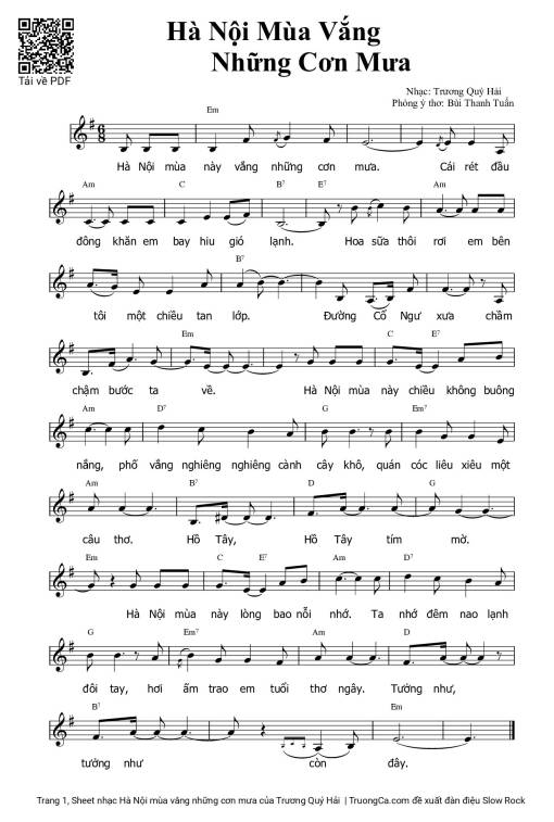 Sheet nhạc PDF bài Hà Nội mùa vắng những cơn mưa