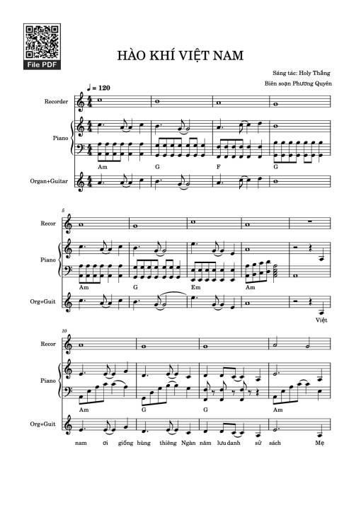 Sheet nhạc PDF bài HÀO KHÍ VIỆT NAM Piano, Recorder, Synthesizer