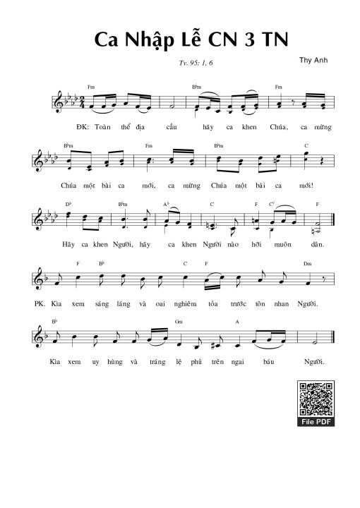 Sheet nhạc PDF bài Thánh Vịnh 95, Ca Nhập Lễ Chúa Nhật 3 Thường Niên
