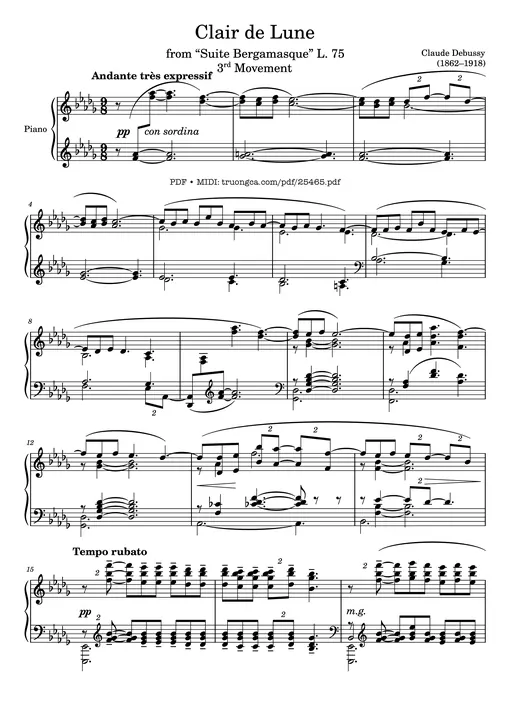 Sheet nhạc PDF bài Clair de Lune Piano