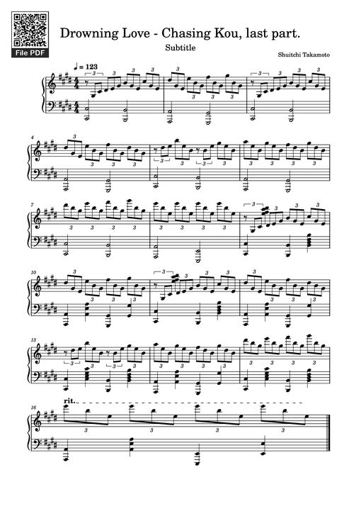 Sheet nhạc PDF bài Drowning Love - Chasing Kou, last part. Piano