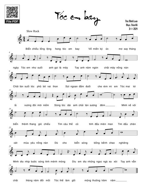 Sheet nhạc PDF bài Tóc mây bay - Thảo Hồ