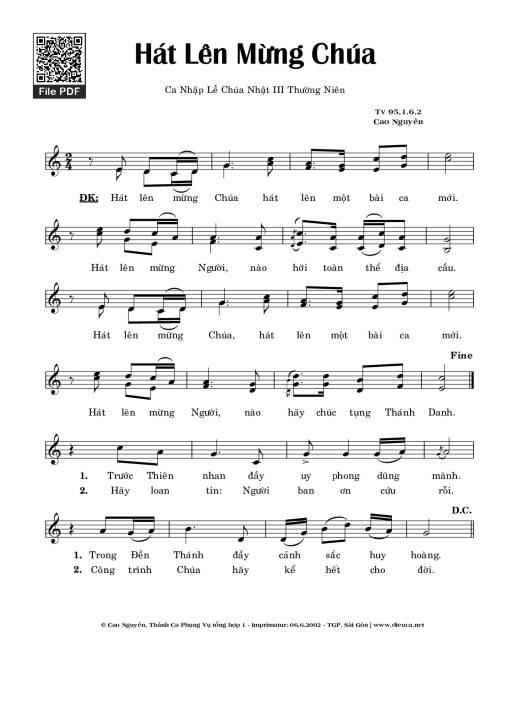 Sheet nhạc PDF bài Thánh Vịnh 95, Hát Lên Mừng Chúa
