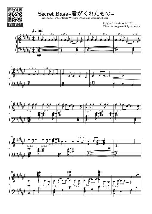 Sheet nhạc PDF bài Secret Base~君がくれたもの~ Piano