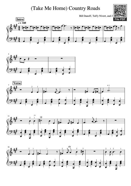 Sheet nhạc PDF bài Take Me Home, Country Roads Piano