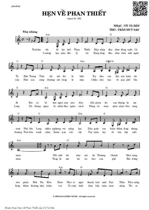 Sheet nhạc PDF bài Hẹn về Phan Thiết