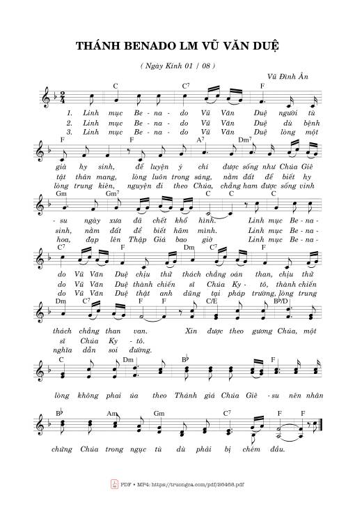Sheet nhạc PDF bài Thánh Benado Lm. Vũ Văn Duệ (01.08)
