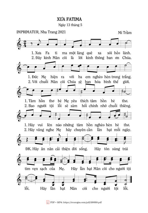 Sheet nhạc PDF bài Xưa Fatima - Mi Trầm