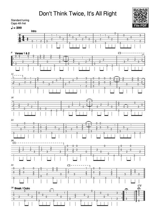 Don't Think Twice, It's All Right Guitar TAB