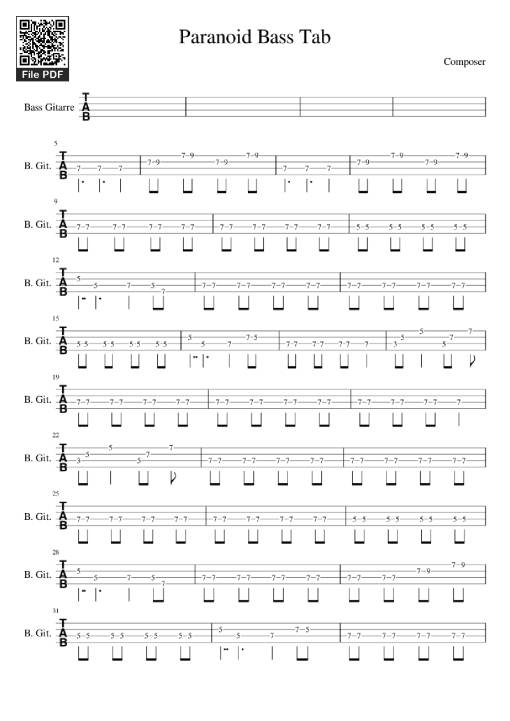 Paranoid Bass Tab Guitar TAB
