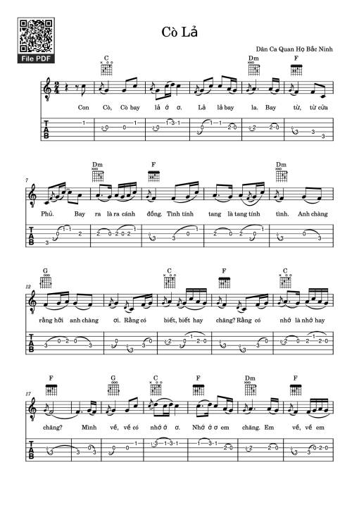 Cò Lả Guitar TAB - Dân Ca Quan Họ Bắc Ninh