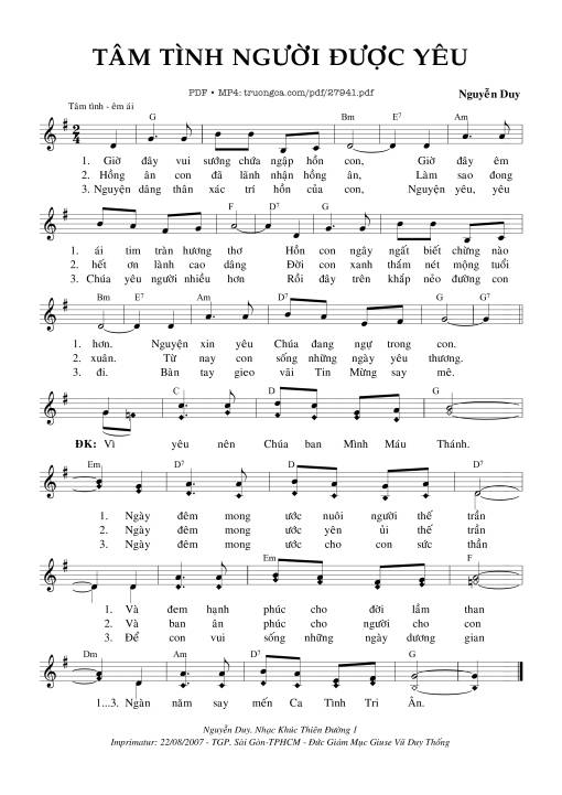 Sheet nhạc PDF bài Tâm Tình Người Được Yêu