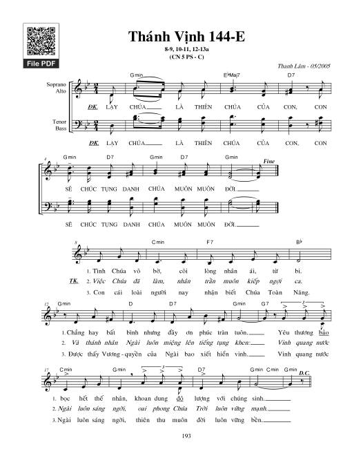 Sheet nhạc PDF bài Thánh Vịnh 144, Chúa Nhật 5C Phục Sinh