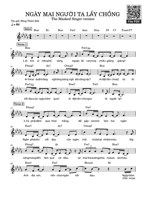 Sheet nhạc PDF bài Ngày mai người ta lấy chồng (Bản Ca sĩ giấu mặt)