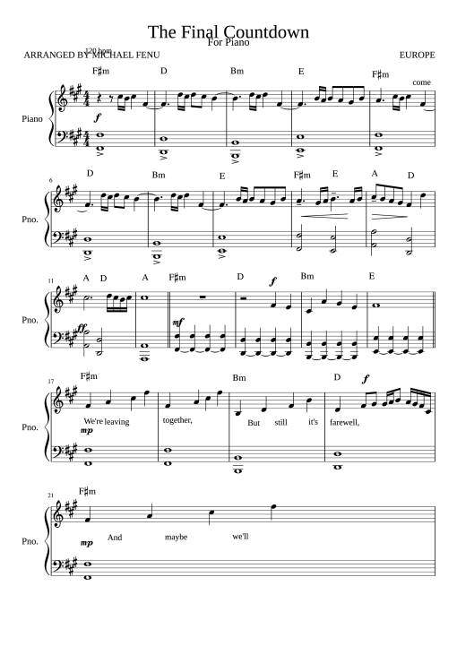 Sheet nhạc PDF bài The Final Countdown Piano