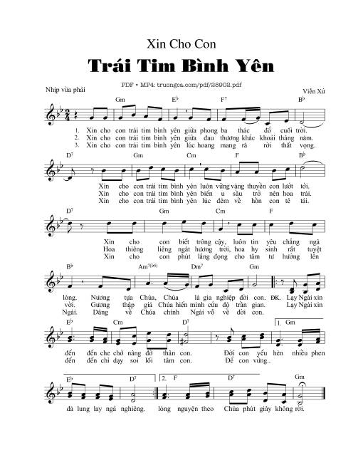 Sheet nhạc PDF bài Xin Cho Con Trái Tim Bình Yên